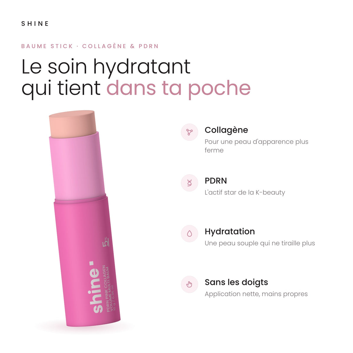 Stick baume rose et ses bienfaits : collagène, PDRN, hydratation, application sans les doigts